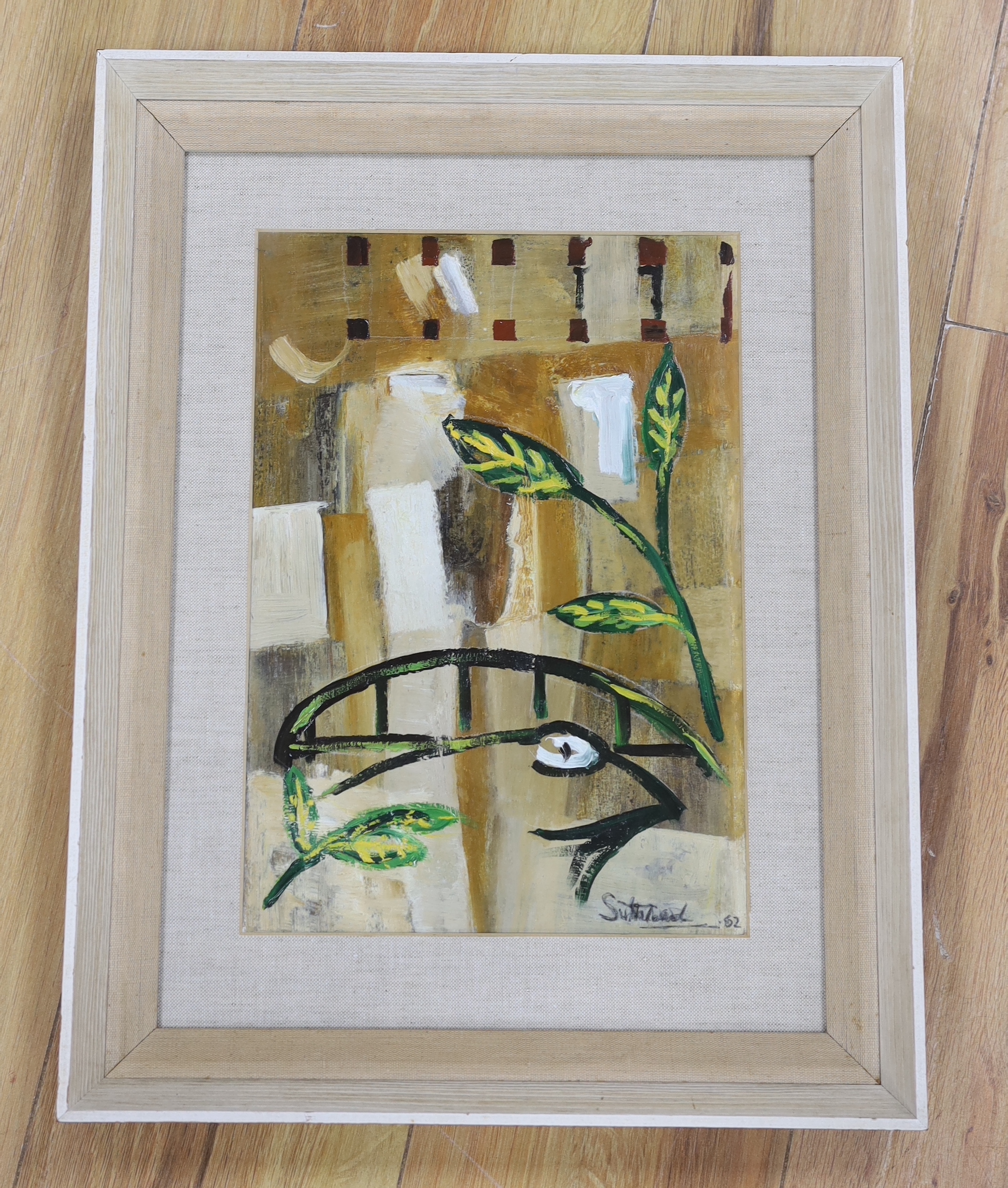 Sutherland (20th. C), abstract oil, Leaves, signed and indistinctly dated, possibly '62, 31 x 21cm